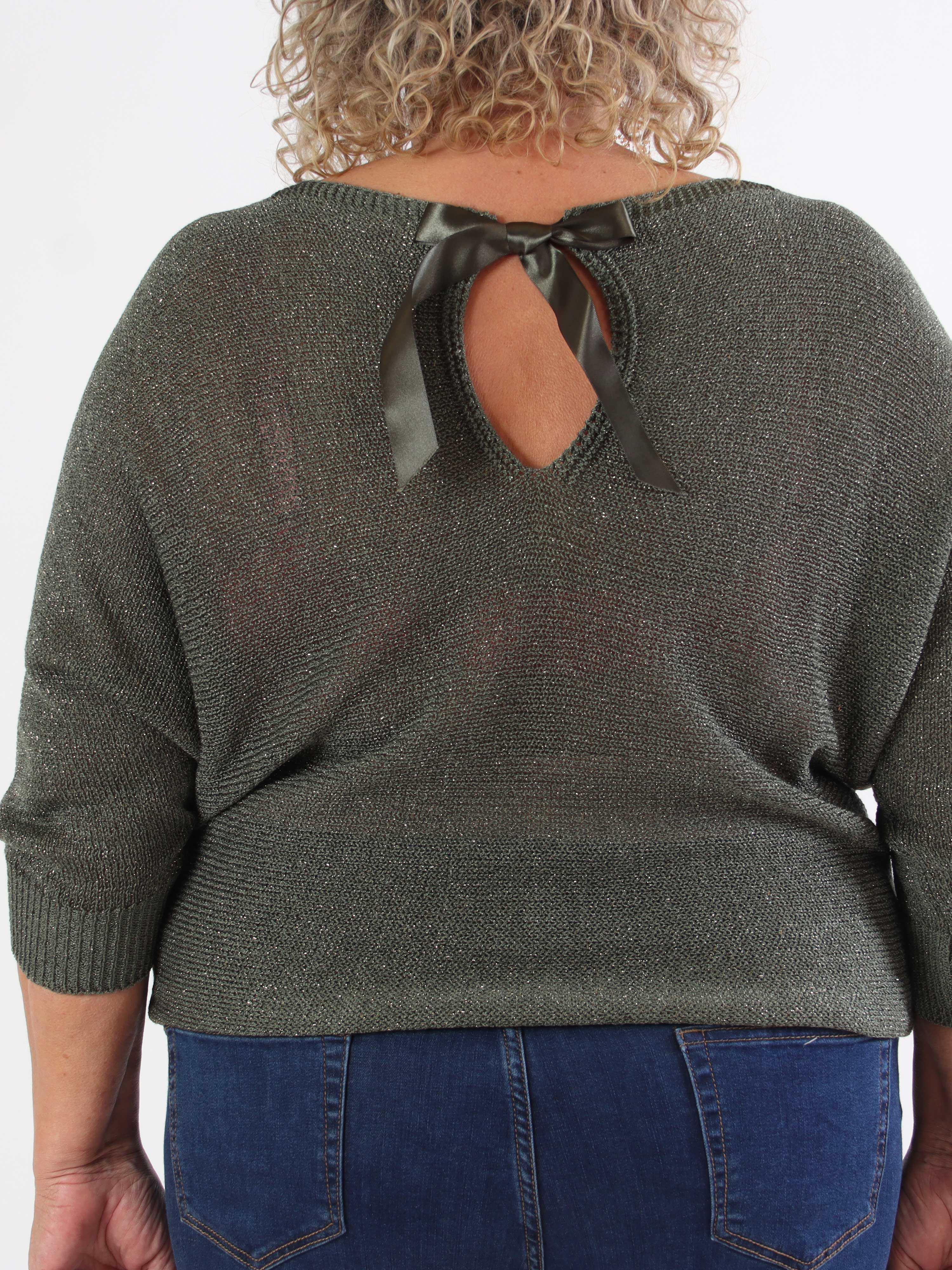 Paulina - Plus size strikbluse med glimmertråde og sløjfe